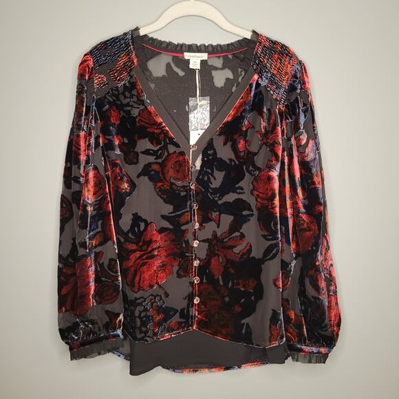 NWT Sundance Burnout Velvet Top Womens Size M Petite Dark Floral Rose Black Goth - Picture 2 of 13